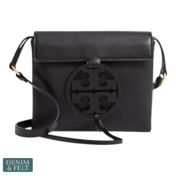 Tory Burch Miller Logo Black Leather Magnetic Flap Crossbody Bag 50769 8”x8” - Picture 2 of 16